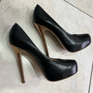 Topshop 39 Black leather platform, gold heel. Heel ~5 inch with 2 inch platform